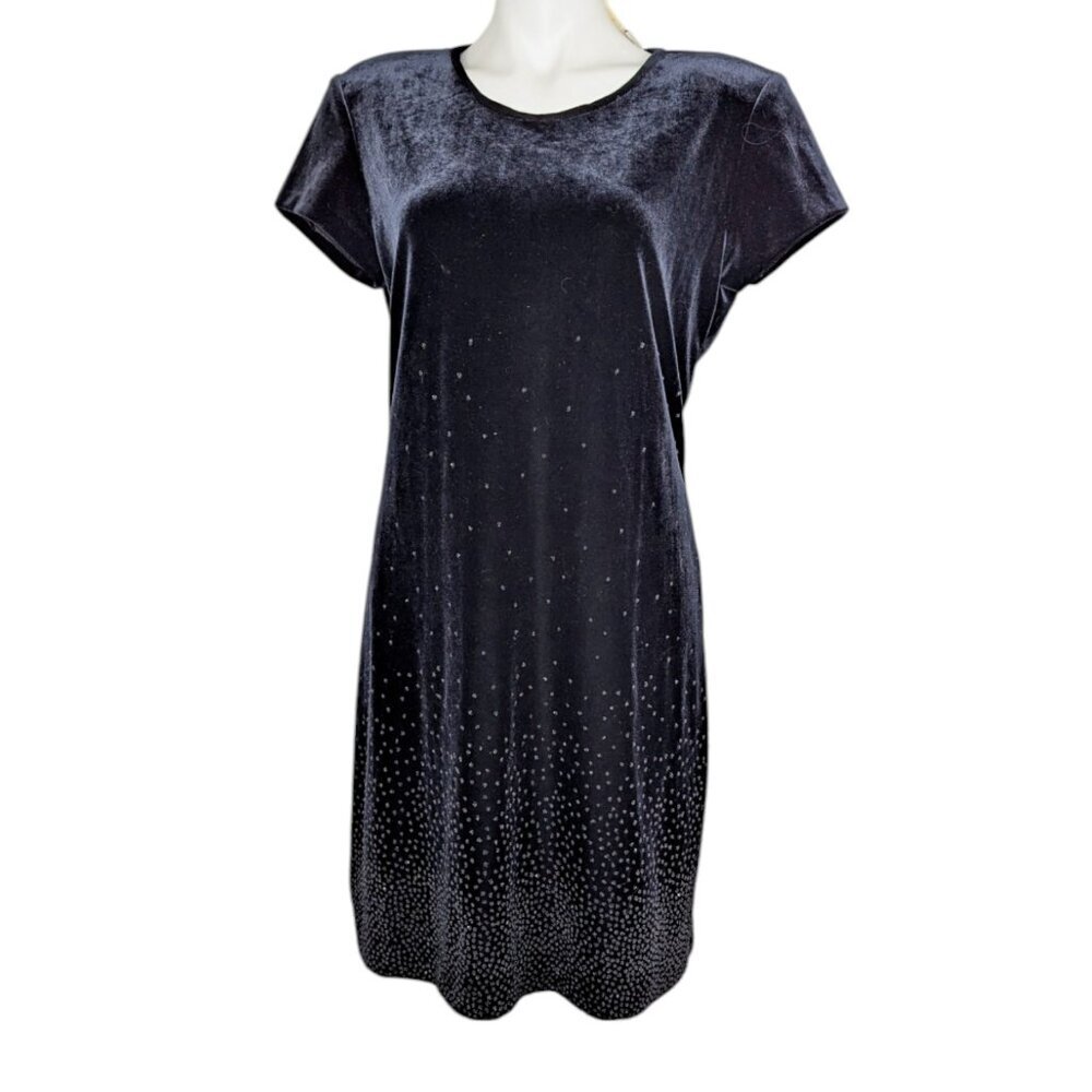 VTG Black Velvet Silver Metallic Shimmer Floral Short Sleeve Mini Dress